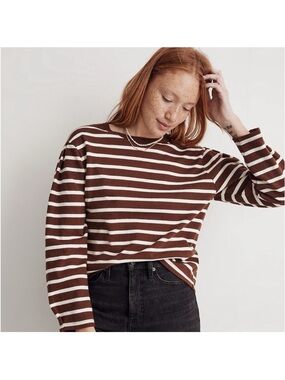 Madewell Pleated Long-Sleeve Tee in Stripe in Soft Mahogany Medium